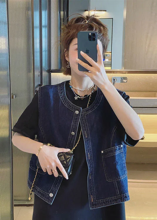 Soft Chic Styles Plus Size Navy O-Neck Pockets Cotton Denim Vests Sleeveless