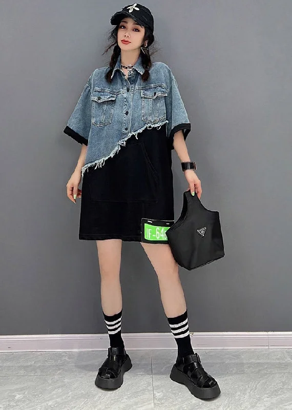 Trendy Soft Comfort Diy Blue Peter Pan Collar asymmetrical Denim Patchwork Button Pockets Dress Short Sleeve Trendy Soft Comfort Diy Blue Peter Pan Collar asymmetrical Denim Patchwork Button Pockets Dress Short Sleeve