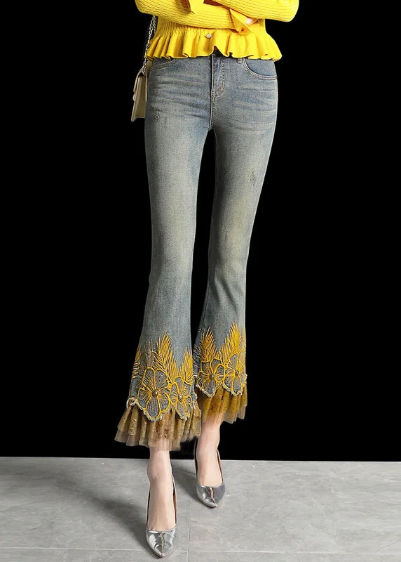 Comfortable Warm Layers Italian Denim Blue Wraped High Waist Embroideried Pockets Patchwork Tulle Cotton Flare Pants Summer Comfortable Warm Layers Italian Denim Blue Wraped High Waist Embroideried Pockets Patchwork Tulle Cotton Flare Pants Summer