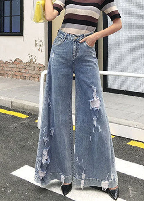 Effortless Comfort Looks Chic Denim Blue High Waist Pockets Hole Cotton Wide Leg Pants Summer Effortless Comfort Looks Chic Denim Blue High Waist Pockets Hole Cotton Wide Leg Pants Summer