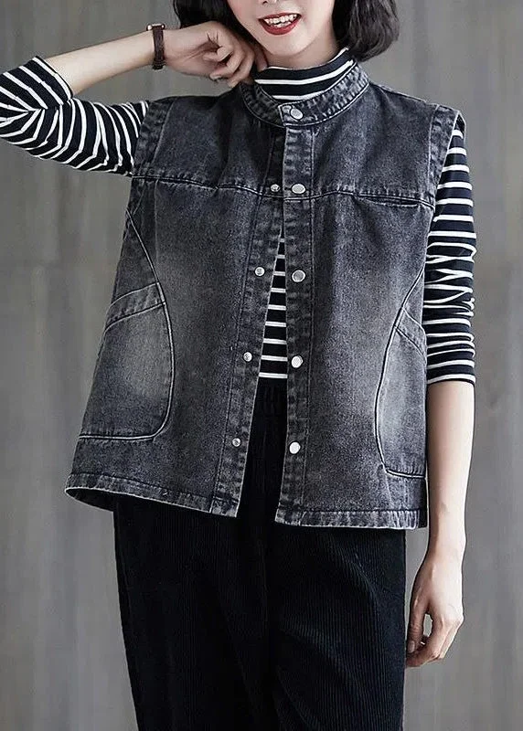 Comfortable Streetwear Loose Black Grey Colour O-Neck Patchwork Button Pockets Denim Waistcoat Sleeveless