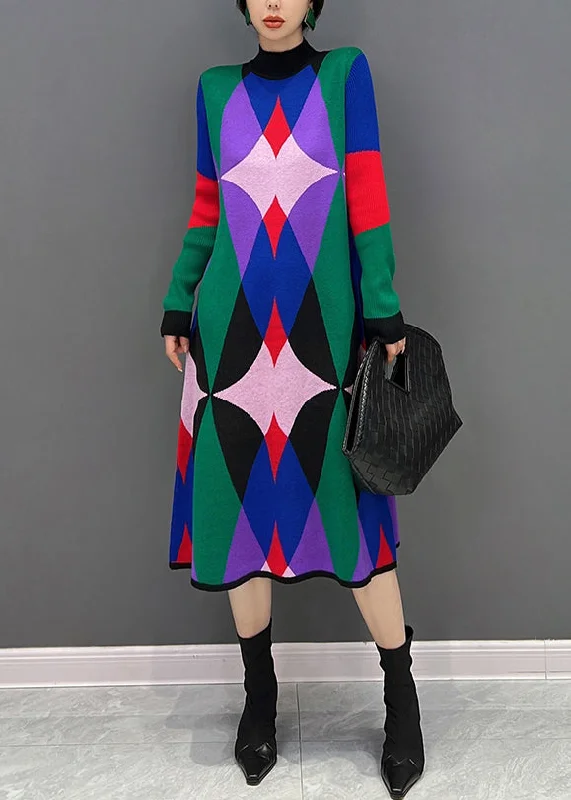 Soft Wear Fit Slim Fit Stand Collar Print Knit Dress Fall