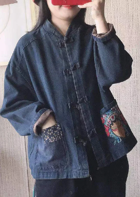 Chic and Comfortable Pieces Women Black Stand Collar Embroideried Button Pockets Cotton Denim Coats Long Sleeve Chic and Comfortable Pieces Women Black Stand Collar Embroideried Button Pockets Cotton Denim Coats Long Sleeve