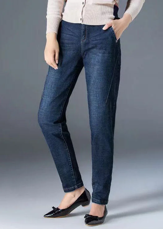 Simple Cozy Pieces Fitted Navy High Waist Pockets Solid Color Cotton Denim Pants Fall Simple Cozy Pieces Fitted Navy High Waist Pockets Solid Color Cotton Denim Pants Fall
