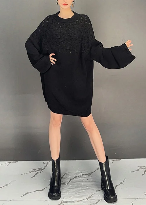 Chic and Comfortable Women Black O Neck Hollow Out Knit Dress Fall