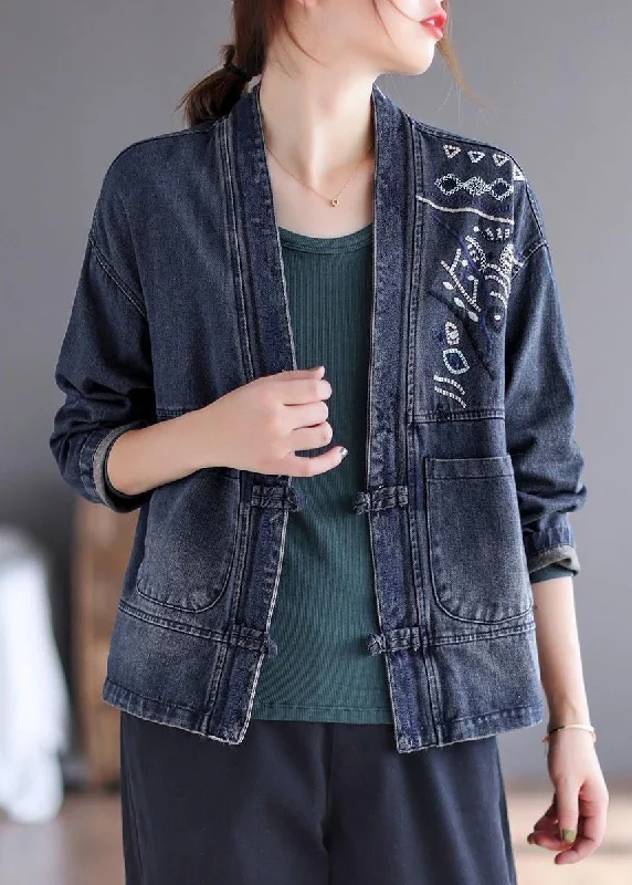 Soft Streetwear Looks Fashion Blue V Neck Embroideried Patchwork Button Pockets Cotton Denim Coat Long Sleeve Soft Streetwear Looks Fashion Blue V Neck Embroideried Patchwork Button Pockets Cotton Denim Coat Long Sleeve