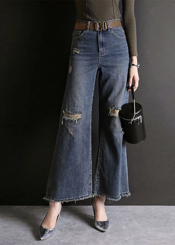 Casual Chic Options Fashion Blue High Waist Hole Pockets Cotton Denim Flare Pants Summer