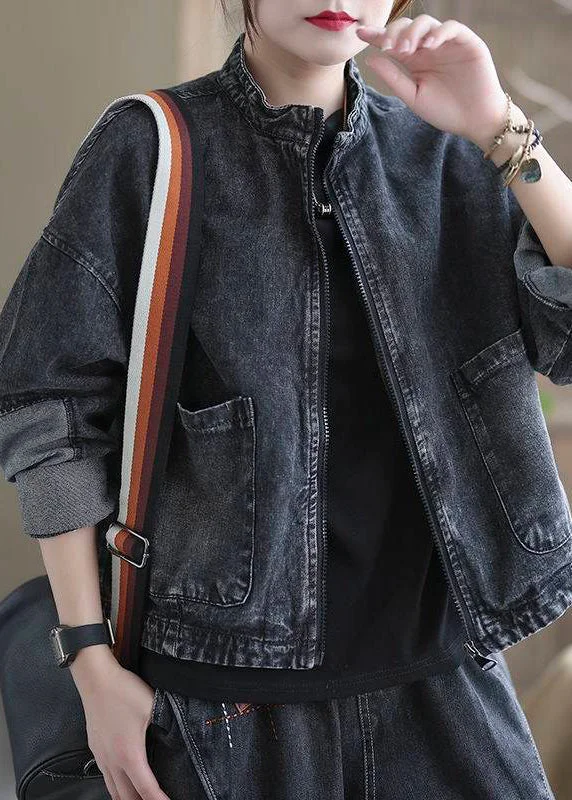 Relaxed Fashion Pieces Unique Black Stand Collar Zippered Patchwork Pockets Cotton Denim Coats Long Sleeve Relaxed Fashion Pieces Unique Black Stand Collar Zippered Patchwork Pockets Cotton Denim Coats Long Sleeve