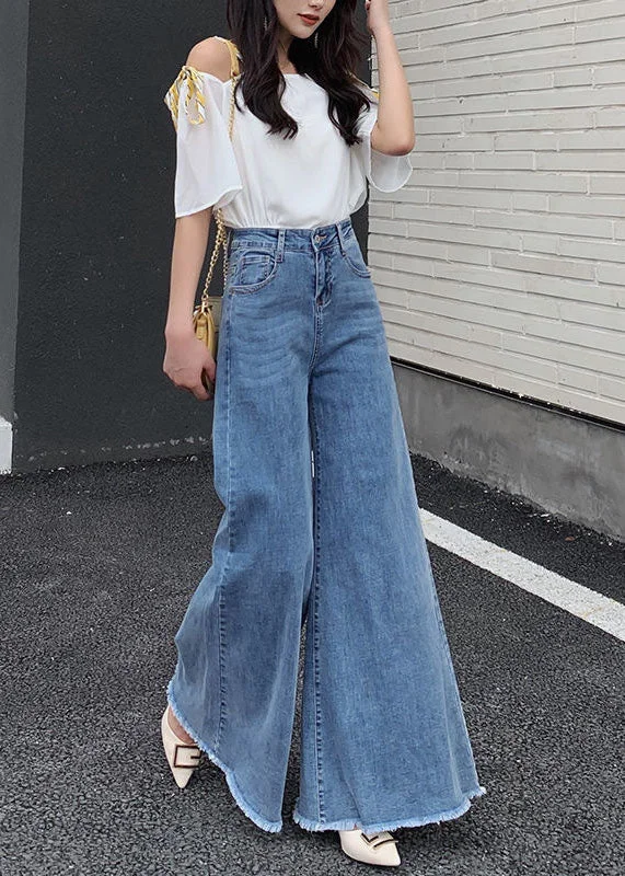 Soft Look Styles Bohemian Denim Blue High Waist Solid Color Pockets Cotton Wide Leg Pants Fall Soft Look Styles Bohemian Denim Blue High Waist Solid Color Pockets Cotton Wide Leg Pants Fall
