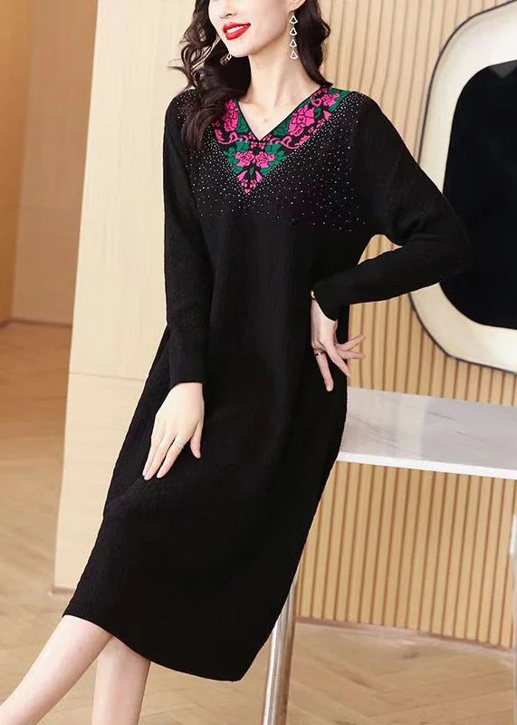 Cozy Smart Wear Black Zircon Patchwork Knit Winter Sweater Dress V Neck