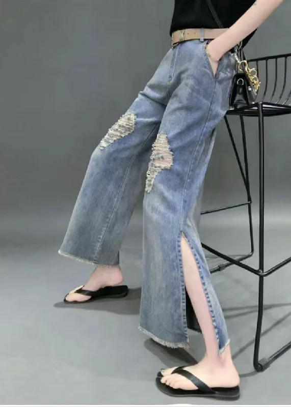 Soft Fashion Pieces Beautiful Denim Blue High Waist Hole Pockets Side Open Cotton Straight Pants Summer Soft Fashion Pieces Beautiful Denim Blue High Waist Hole Pockets Side Open Cotton Straight Pants Summer