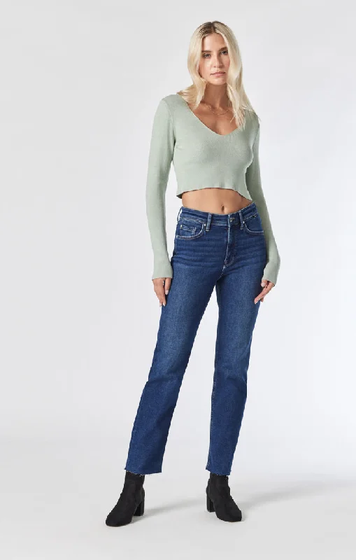Warm Comfortable Fits PARIS STRAIGHT LEG JEANS IN DARK BRUSHED FLEX BLUE