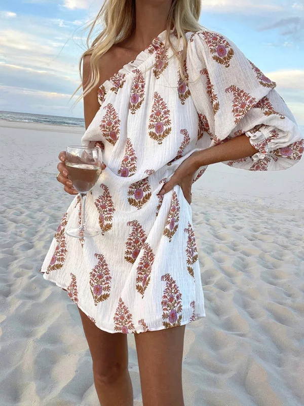 Soft Chic Styles Women's new slanted shoulder casual lantern sleeve dress