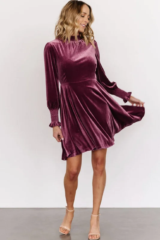 Effortless Fashion Options Burgundy Long Sleeve Dress Smocked High Neck Flounce Sleeve Velvet Dress