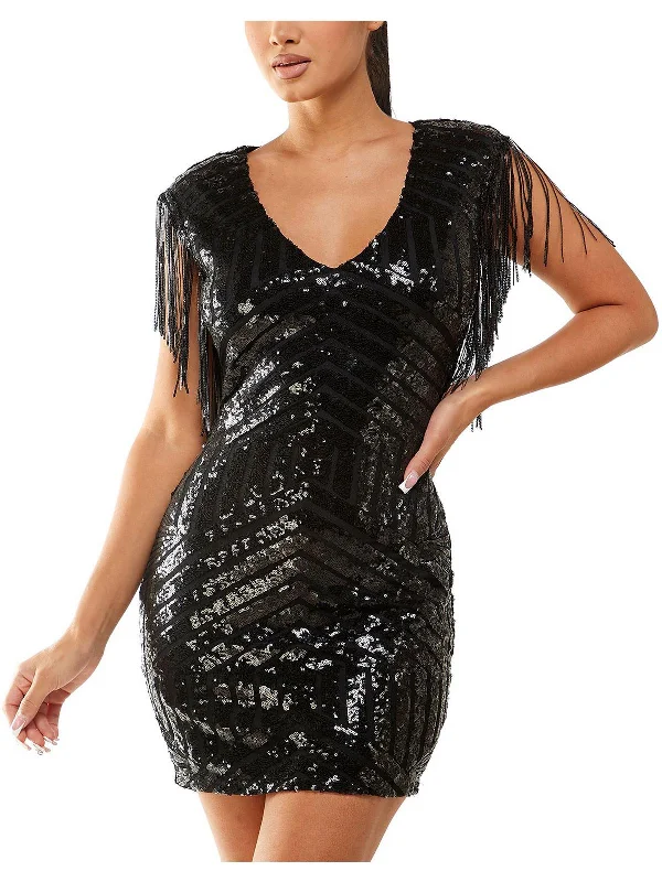 Comfortable Chic Fits Juniors Womens Fringe Trim Sequined Cocktail and Party Dress